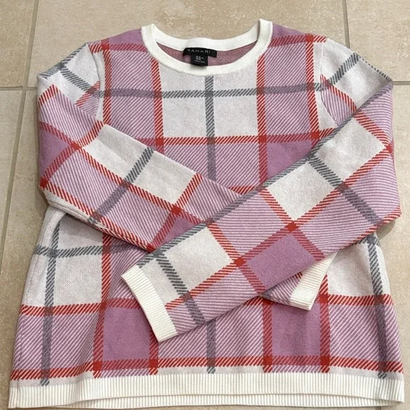 Tahari Red and Pink Plaid Sweater - Picture 4 of 6